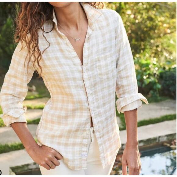 Frank & Eileen Barry Woven Linen Button Up Sand Plaid XS Tan Shirt Button Down - Picture 1 of 8